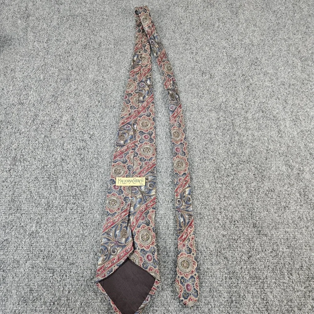 Mallory Church Silk Tie Made in USA Paisley Medallion Blue Red Gold Vintage Styl